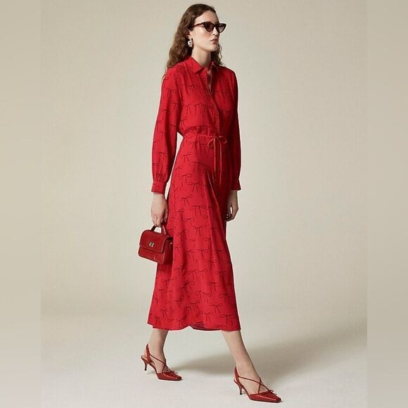 NWT J CREW Drapey pleated shirtdress in bow print in red - Picture 2 of 6